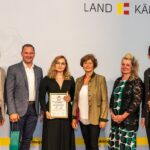 Präsident Siegfried Huber, LK-Kärnten, Abt.V. Ing. Stefan Jemej, LFS Goldbrunnhof, FD Ing. Elfriede Doman, LFS Goldbrunnhof, Wirtschaftsleitung Lisa Dohr, LFS Goldbrunnhof, WLStv. Jasmin Knauder, LFS Goldbrunnhof, LHStv. Martin Gruber, Landesregierung Kärnten